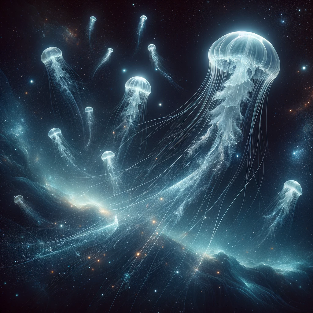 Dalle 3 Use Case-Illustration of an abstract concept where luminescent jellyfish float gracefully in outer space